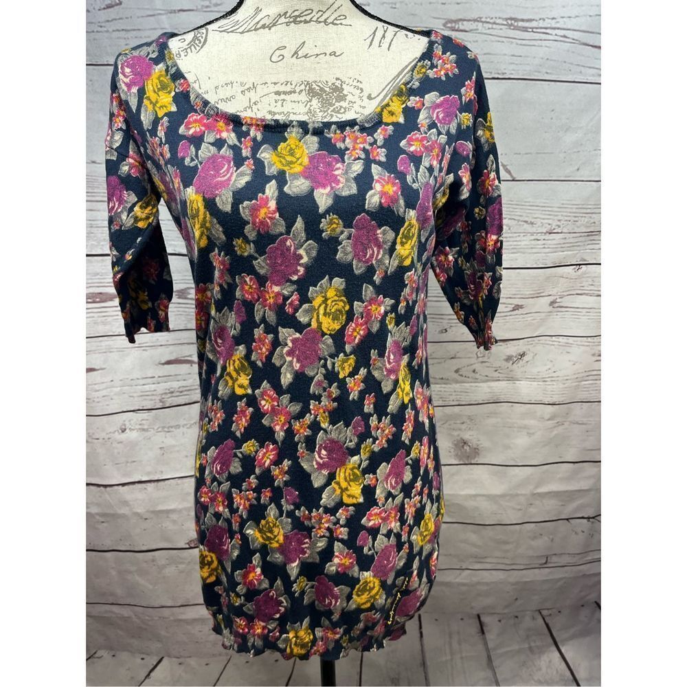 Adolfo Dominguez Floral Print‎ 3/4 Sleeve Scoop Neck Sweater Top Women's Size S